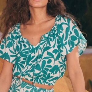 Marine Layer Tiana Cropped Blouse Spruce Floral Cotton Gauze Tie Top Size L